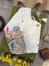 Light Mehndi Handloom Cotton Saree With Embrodery Work Redy Made Blouse